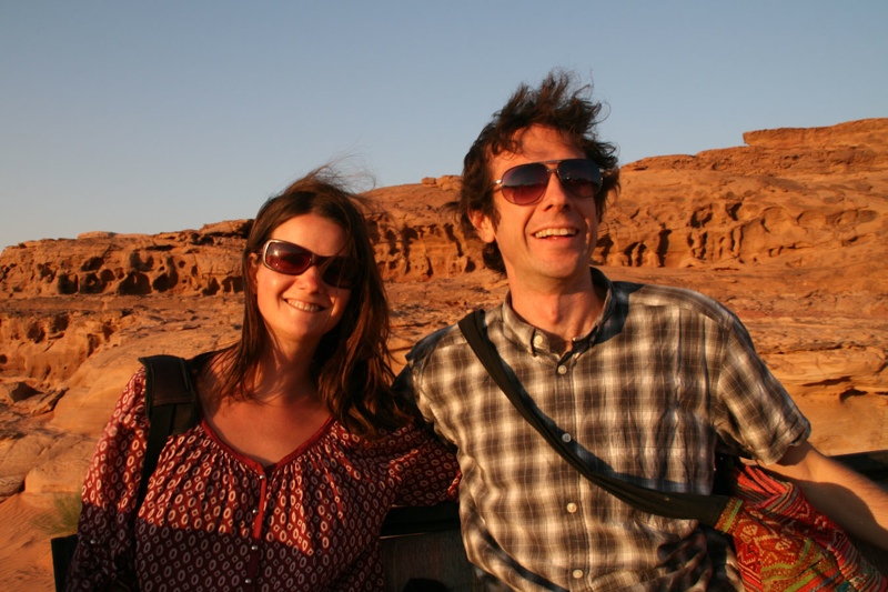 A picture of Simon Fairbairn and Erin McNeaney of Voyage Travel Apps at Wadi Rum in Jordan